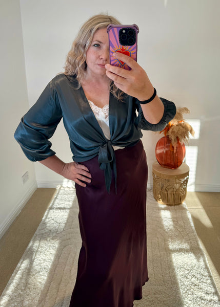 Satin Tie Cardigan | Charcoal