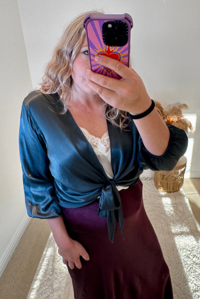 Satin Tie Cardigan | Charcoal