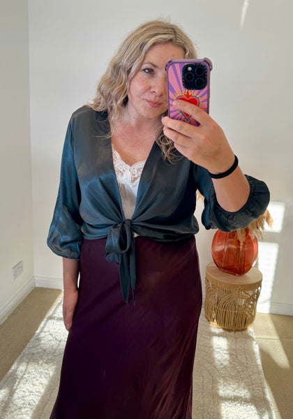 Satin Tie Cardigan | Charcoal