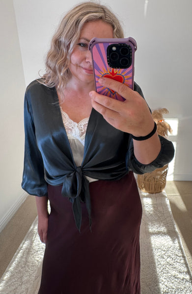 Satin Tie Cardigan | Charcoal