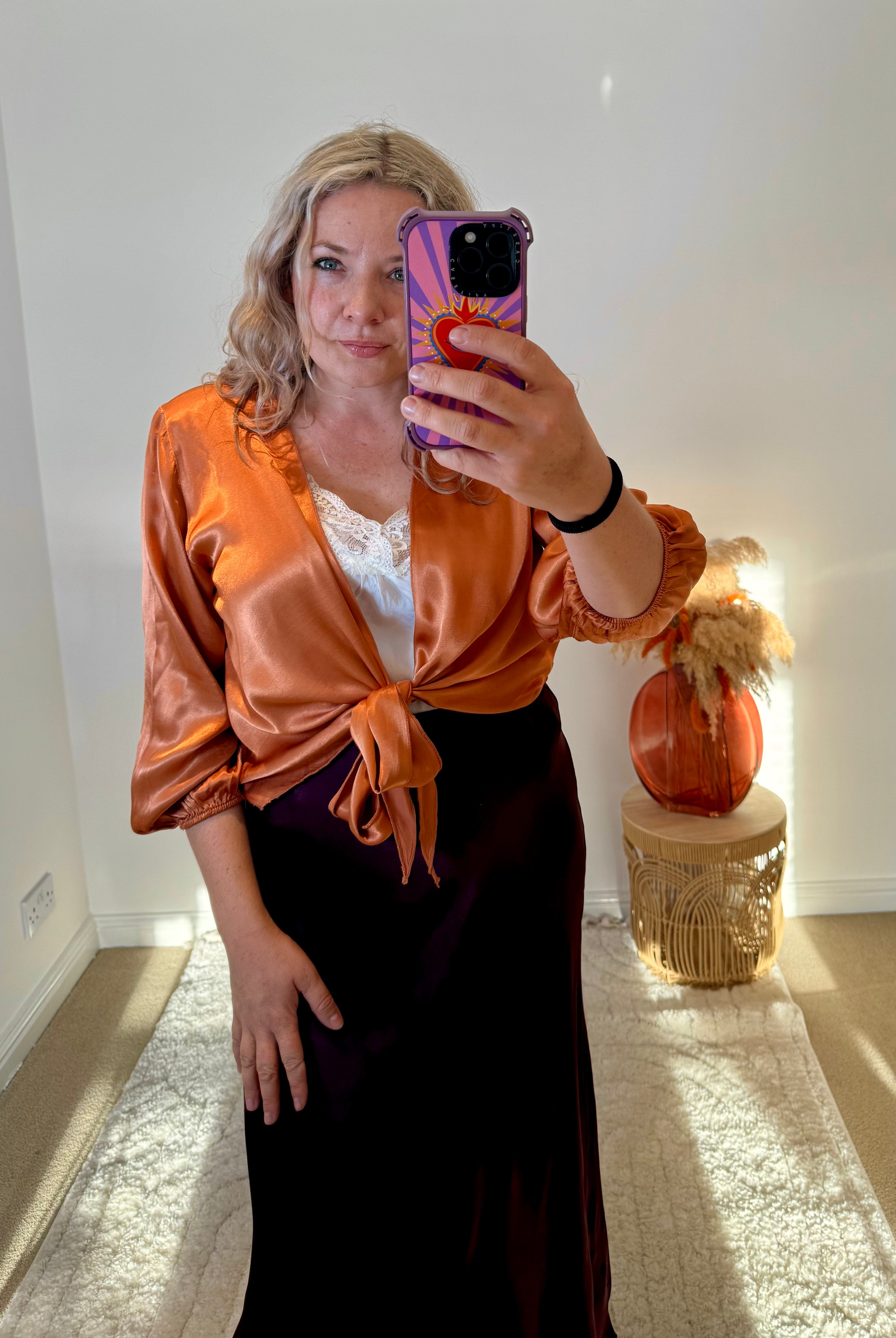 Satin Tie Cardigan | Burnt Orange