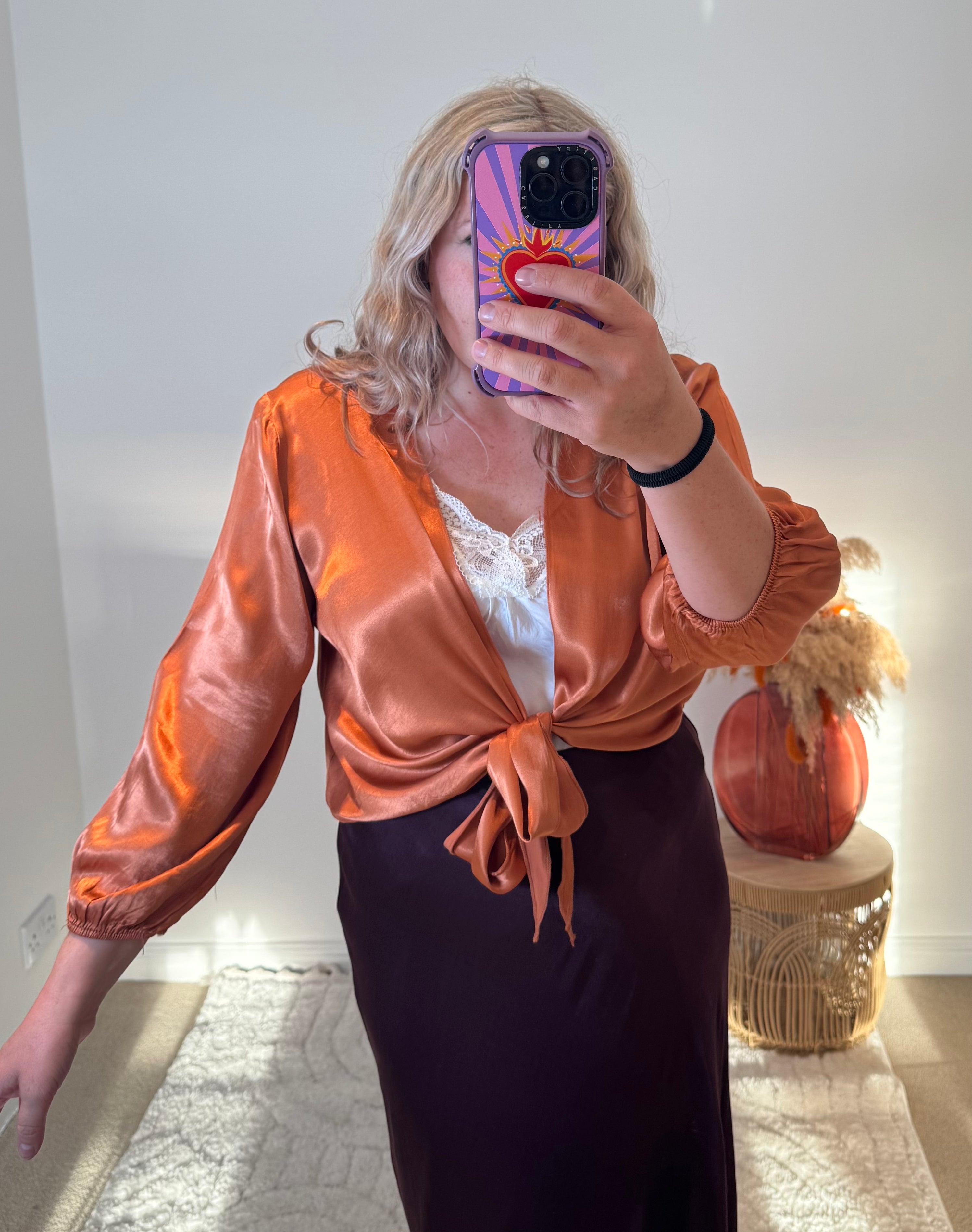 Satin Tie Cardigan | Burnt Orange