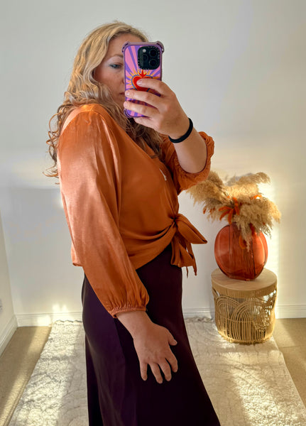Satin Tie Cardigan | Burnt Orange
