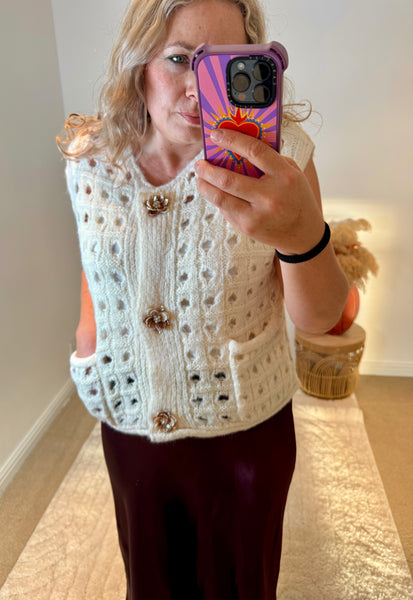 Flower Button Chunky Knitted Waistcoat | Cream