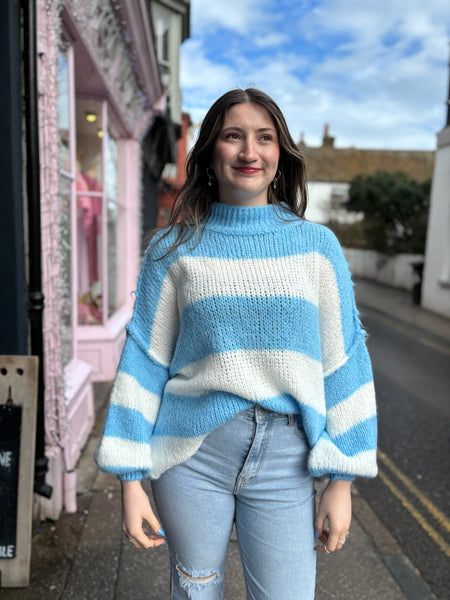 Stripe Oversized Mock Neck Jumper | Sky Blue/White
