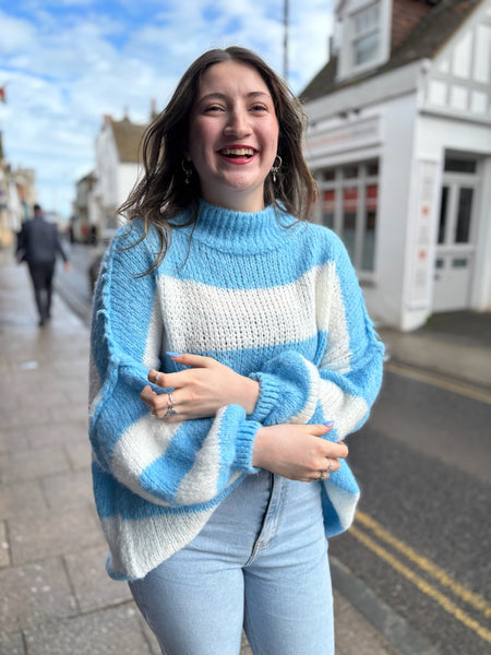 Stripe Oversized Mock Neck Jumper | Sky Blue/White