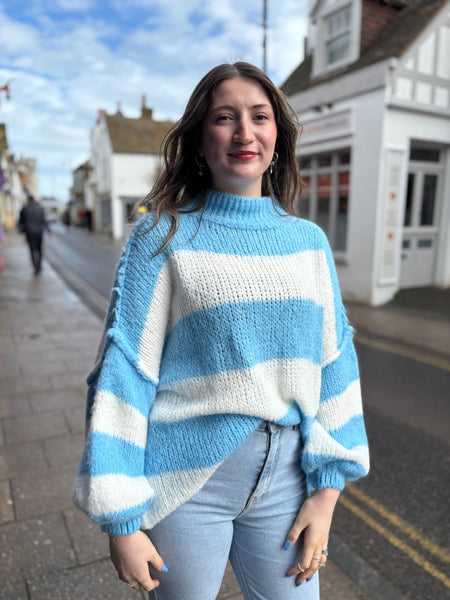 Stripe Oversized Mock Neck Jumper | Sky Blue/White