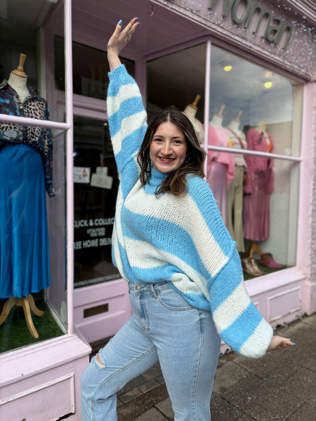 Stripe Oversized Mock Neck Jumper | Sky Blue/White