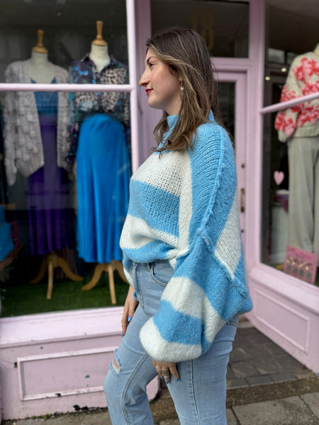 Stripe Oversized Mock Neck Jumper | Sky Blue/White