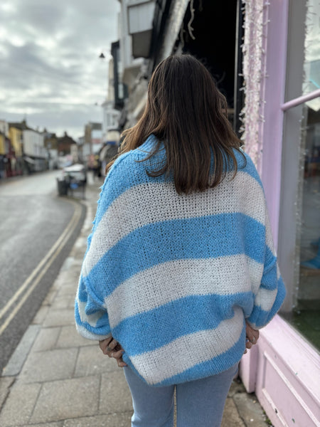 Stripe Oversized Mock Neck Jumper | Sky Blue/White