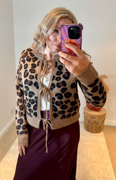Leopard Tie Front Cardigan | Brown Multi