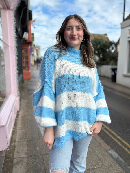 Stripe Oversized Mock Neck Jumper | Sky Blue/White