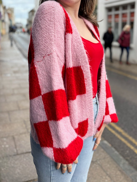 Checked Chunky Knit Open Cardigan | Red/Pink