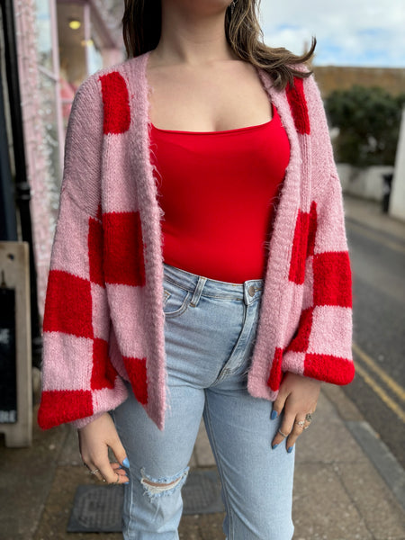 Checked Chunky Knit Open Cardigan | Red/Pink