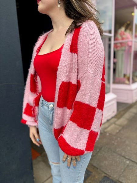 Checked Chunky Knit Open Cardigan | Red/Pink
