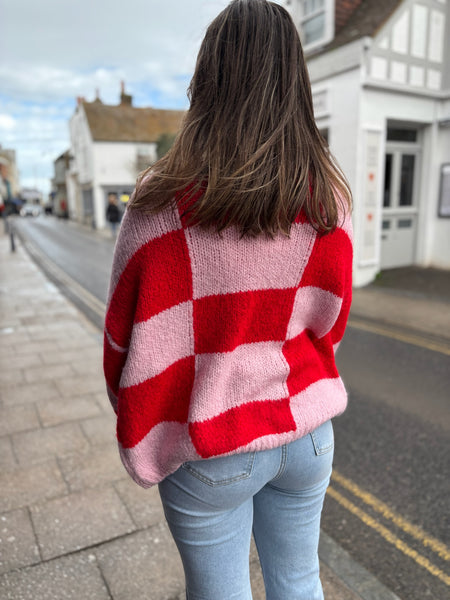 Checked Chunky Knit Open Cardigan | Red/Pink