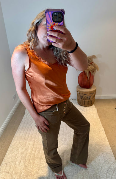 Frill Detail Satin Vest | Burnt Orange
