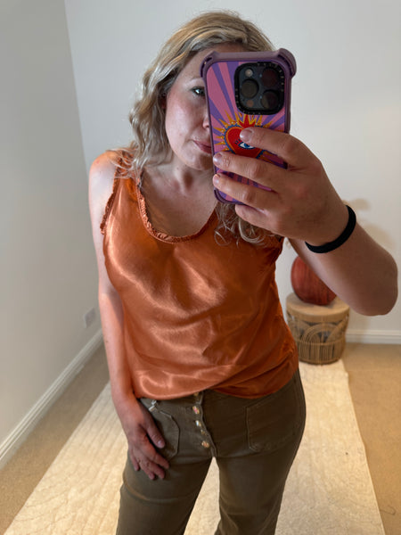 Frill Detail Satin Vest | Burnt Orange