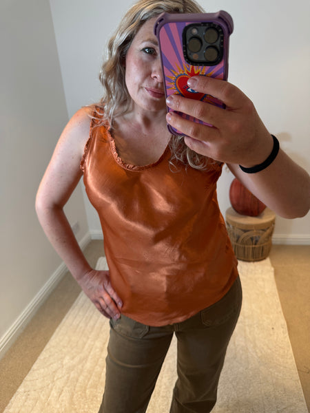 Frill Detail Satin Vest | Burnt Orange