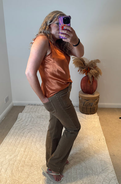Frill Detail Satin Vest | Burnt Orange