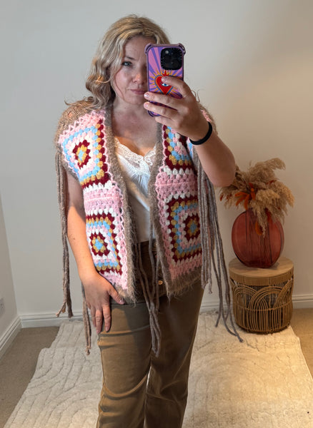 Wool Mix Boho Crochet Waistcoat with Tassels | Taupe Multi