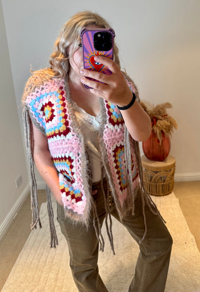 Wool Mix Boho Crochet Waistcoat with Tassels | Taupe Multi