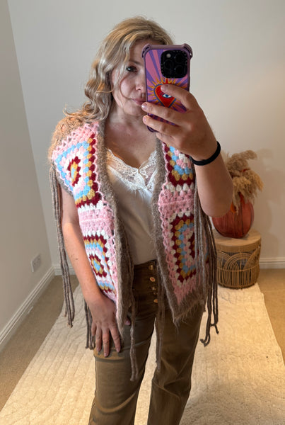 Wool Mix Boho Crochet Waistcoat with Tassels | Taupe Multi