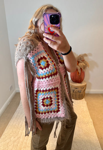Wool Mix Boho Crochet Waistcoat with Tassels | Taupe Multi