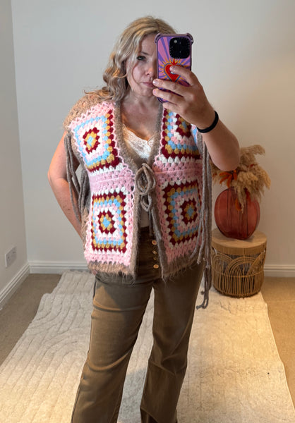 Wool Mix Boho Crochet Waistcoat with Tassels | Taupe Multi