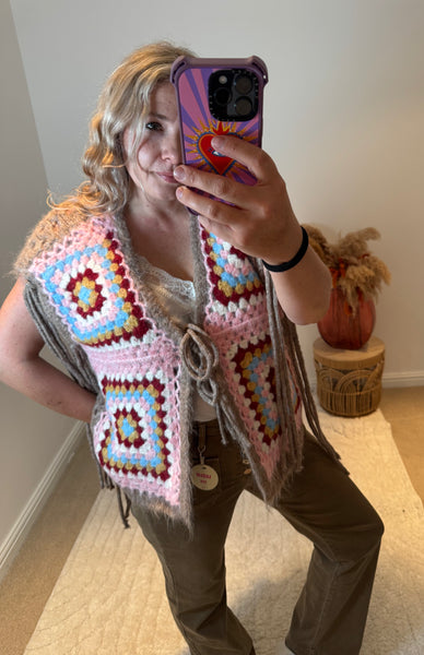 Wool Mix Boho Crochet Waistcoat with Tassels | Taupe Multi