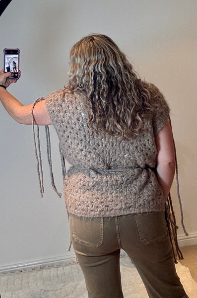 Wool Mix Boho Crochet Waistcoat with Tassels | Taupe Multi