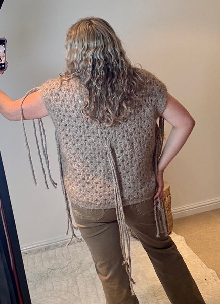 Wool Mix Boho Crochet Waistcoat with Tassels | Taupe Multi