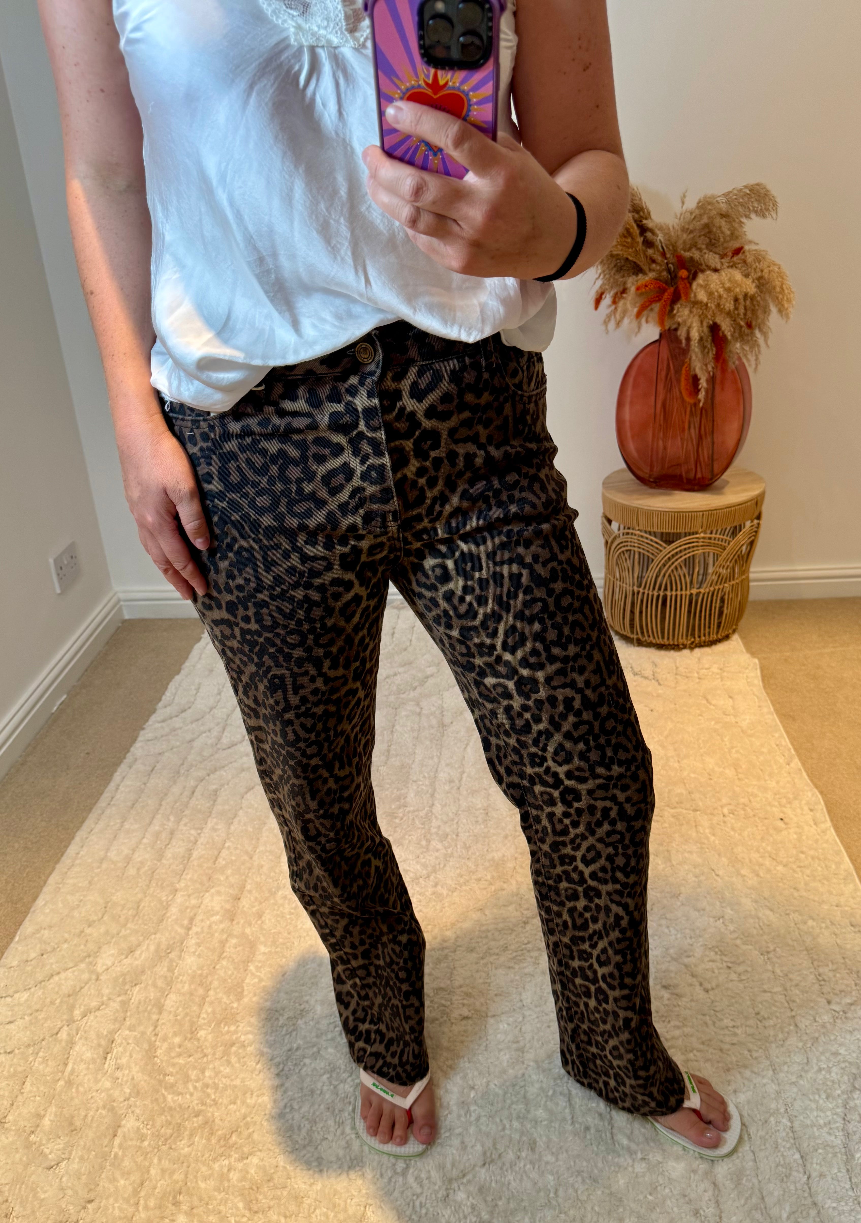 Folyrose Leopard Wide Leg Raw Hem Jeans | Brown Multi