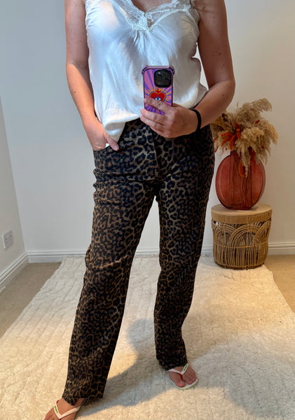 Folyrose Leopard Wide Leg Raw Hem Jeans | Brown Multi