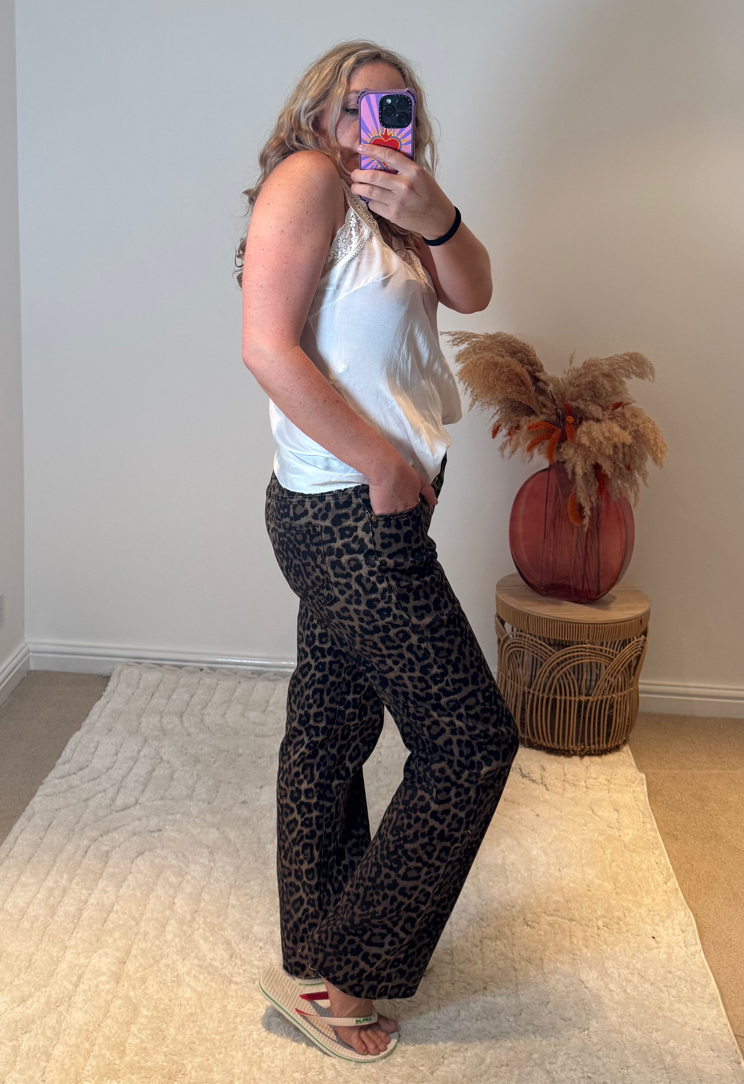 Folyrose Leopard Wide Leg Raw Hem Jeans | Brown Multi