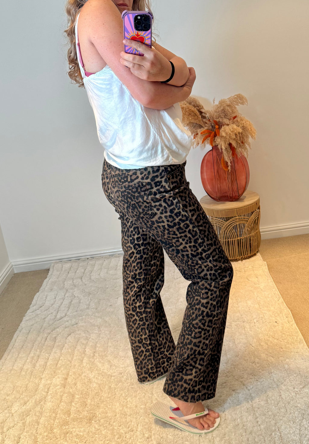 Folyrose Leopard Wide Leg Raw Hem Jeans | Brown Multi