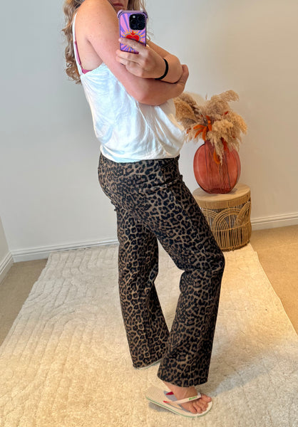 Folyrose Leopard Wide Leg Raw Hem Jeans | Brown Multi