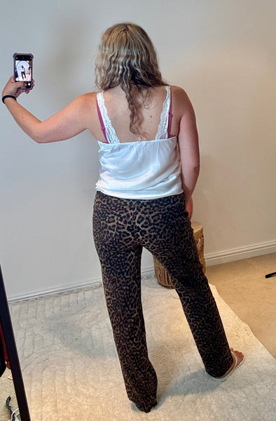 Folyrose Leopard Wide Leg Raw Hem Jeans | Brown Multi