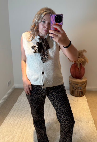 Chic Leopard Tie Neck Sleeveless Cardigan | Oatmeal