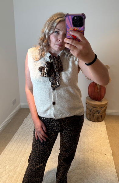 Chic Leopard Tie Neck Sleeveless Cardigan | Oatmeal