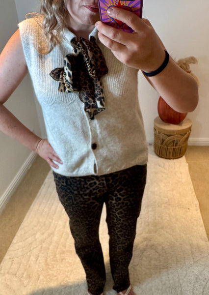 Chic Leopard Tie Neck Sleeveless Cardigan | Oatmeal
