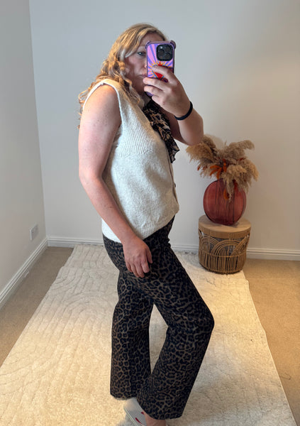 Chic Leopard Tie Neck Sleeveless Cardigan | Oatmeal