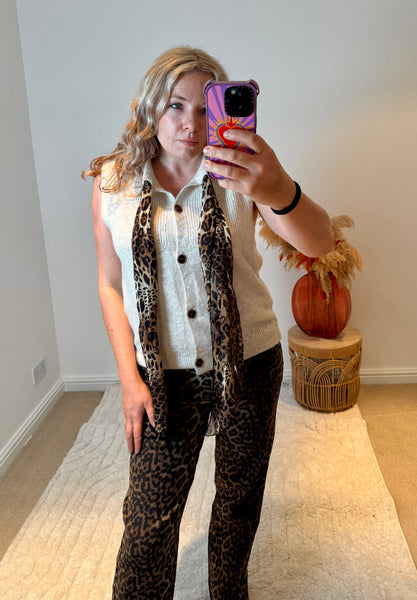 Chic Leopard Tie Neck Sleeveless Cardigan | Oatmeal