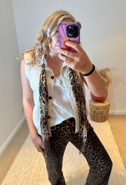 Chic Leopard Tie Neck Sleeveless Cardigan | Oatmeal
