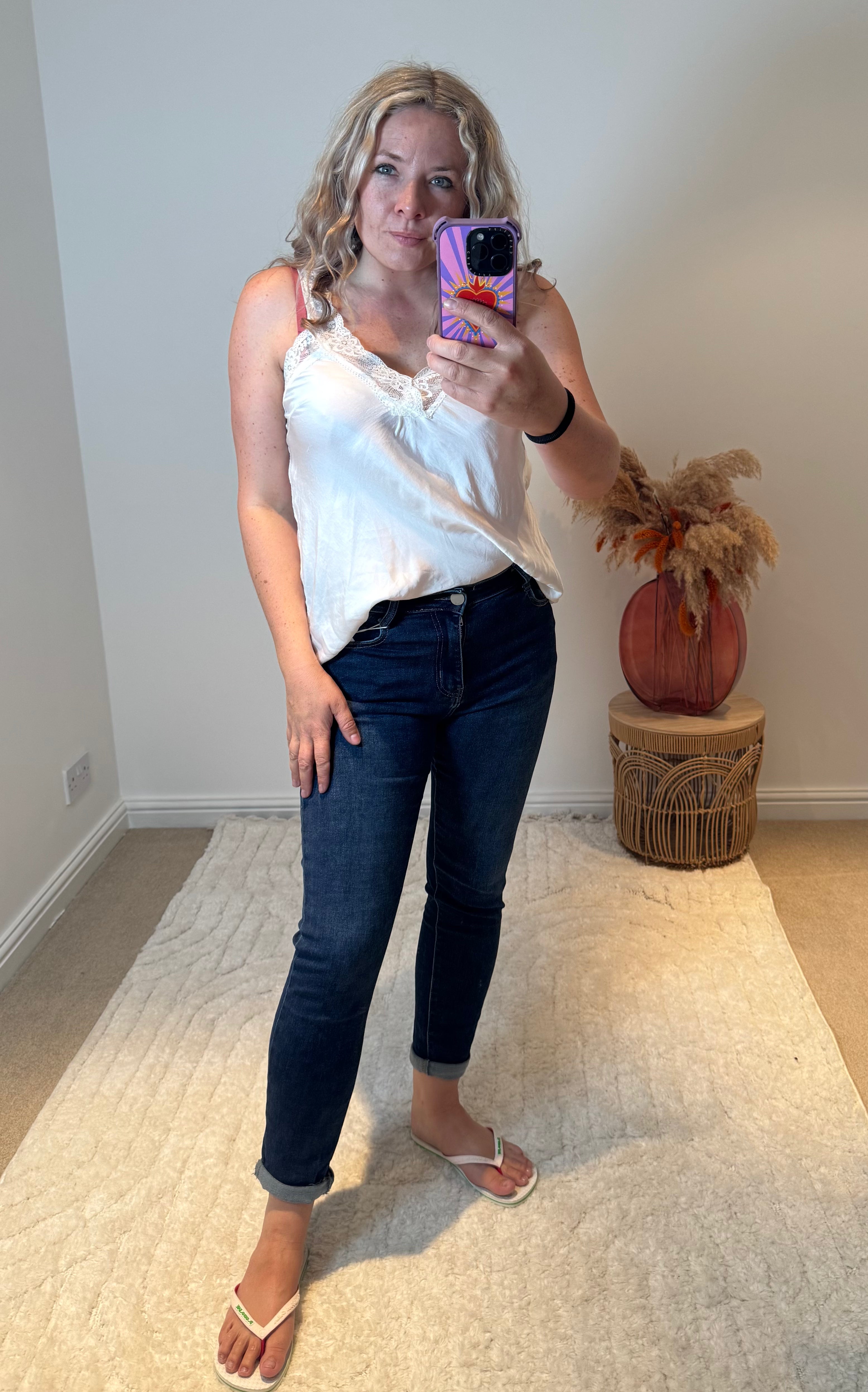 G-Smack Floral Detail Rolled Hem Girlfriend Jeans | Dark Denim