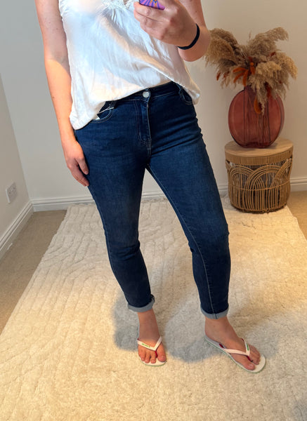 G-Smack Floral Detail Rolled Hem Girlfriend Jeans | Dark Denim