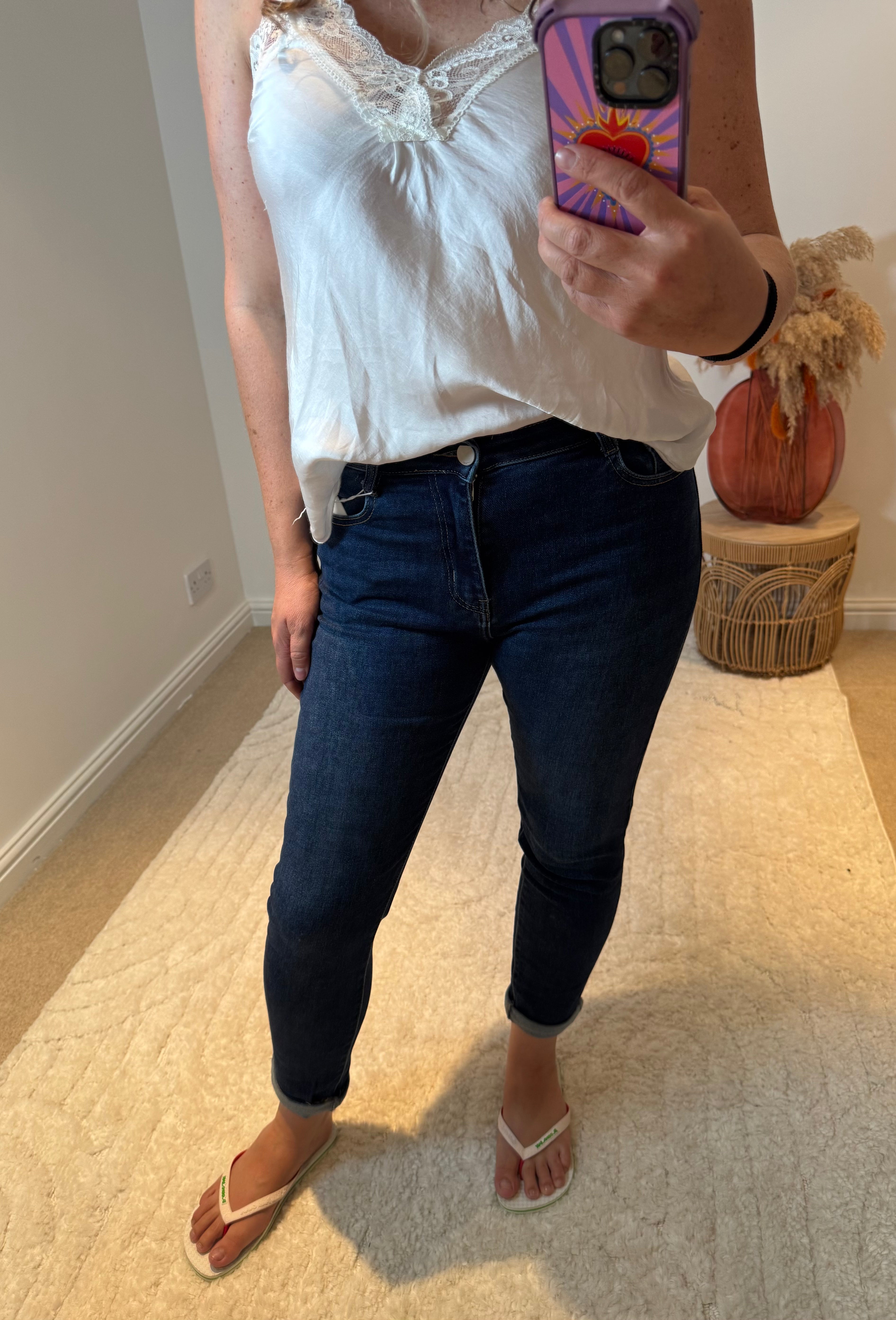 G-Smack Floral Detail Rolled Hem Girlfriend Jeans | Dark Denim