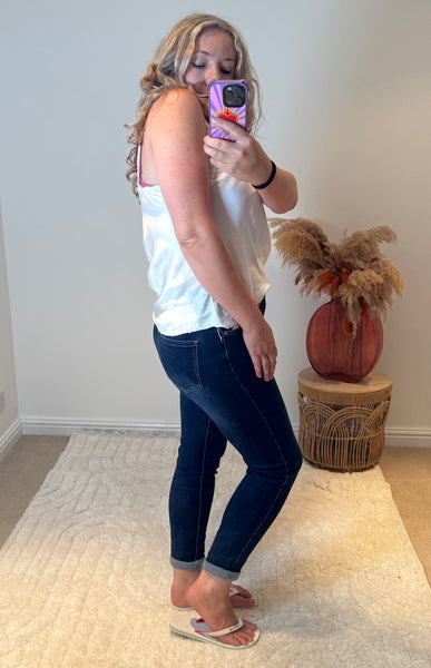 G-Smack Floral Detail Rolled Hem Girlfriend Jeans | Dark Denim