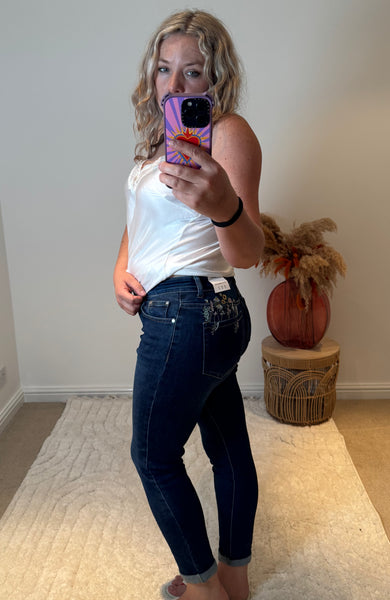 G-Smack Floral Detail Rolled Hem Girlfriend Jeans | Dark Denim