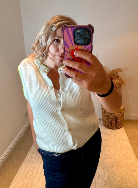 Soft Sleeveless Cardigan with Green Tipping | Cream/Green